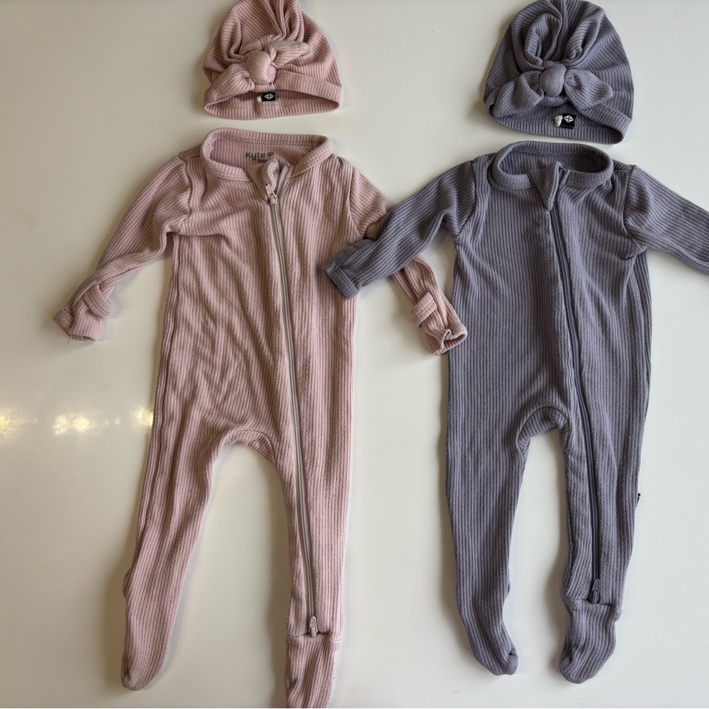 COPY - Kyte baby ribbed zippered footies with hats- Pink and purple